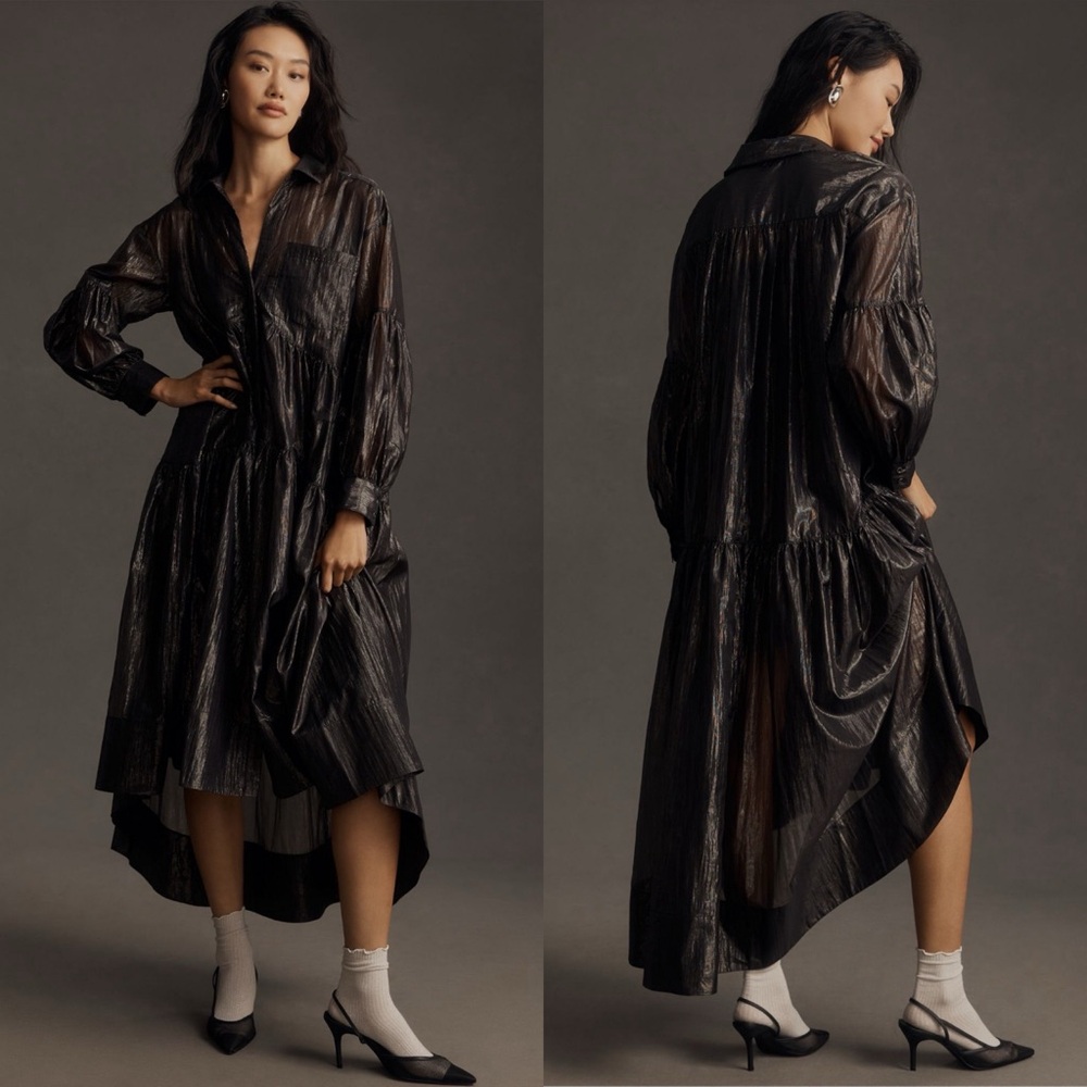 Pilcro Metallic High Low Dress Black Long Sleeve V Neck XS Whimsigoth Oversized